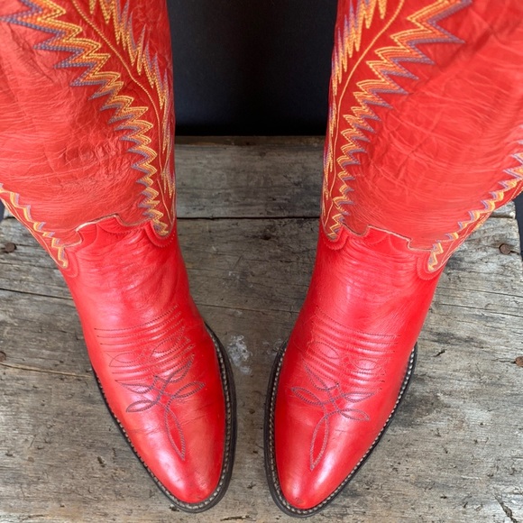LARRY MAHAN Vintage Red Tall Knee High Cowgirl Cowboy Western Boots Size 7.5 - Picture 5 of 9